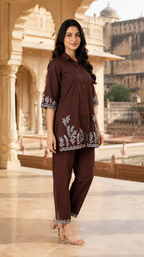 Brown_Cotton_Relaxed_Embroidered_Kurta_Co-Ord_Set_For_Women