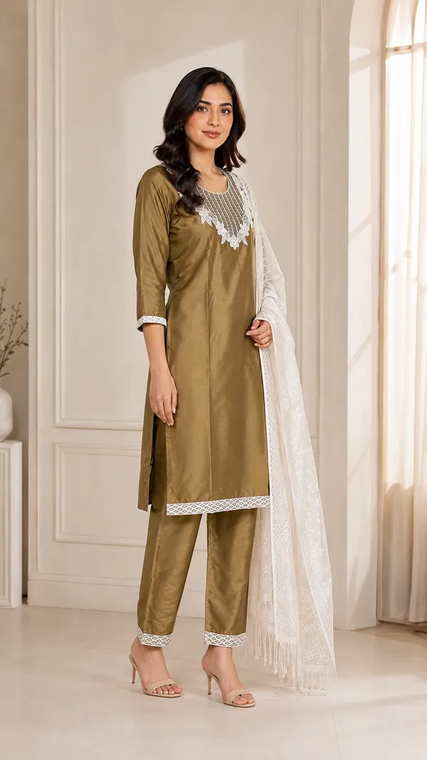 Olive_Silk_Straight_Embroidered_Kurta_Set_For_Women