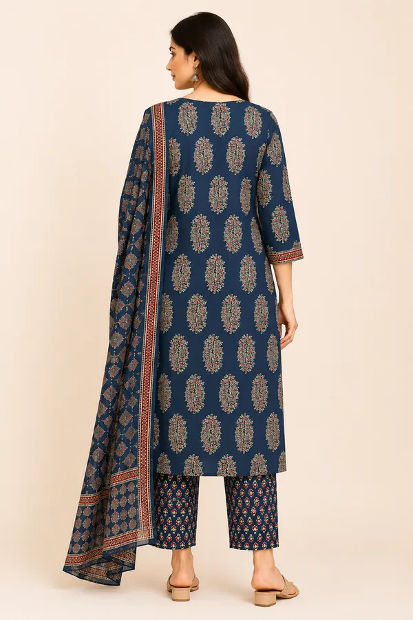 Blue_Cotton_Straight_Floral_Motif_Kurti_Set_For_Women
