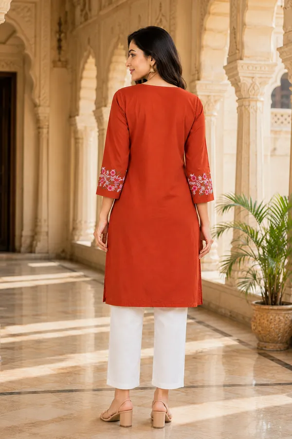 Rust_Cotton_Floral_Straight_Kurta_Co-Ord_Set_For_Women