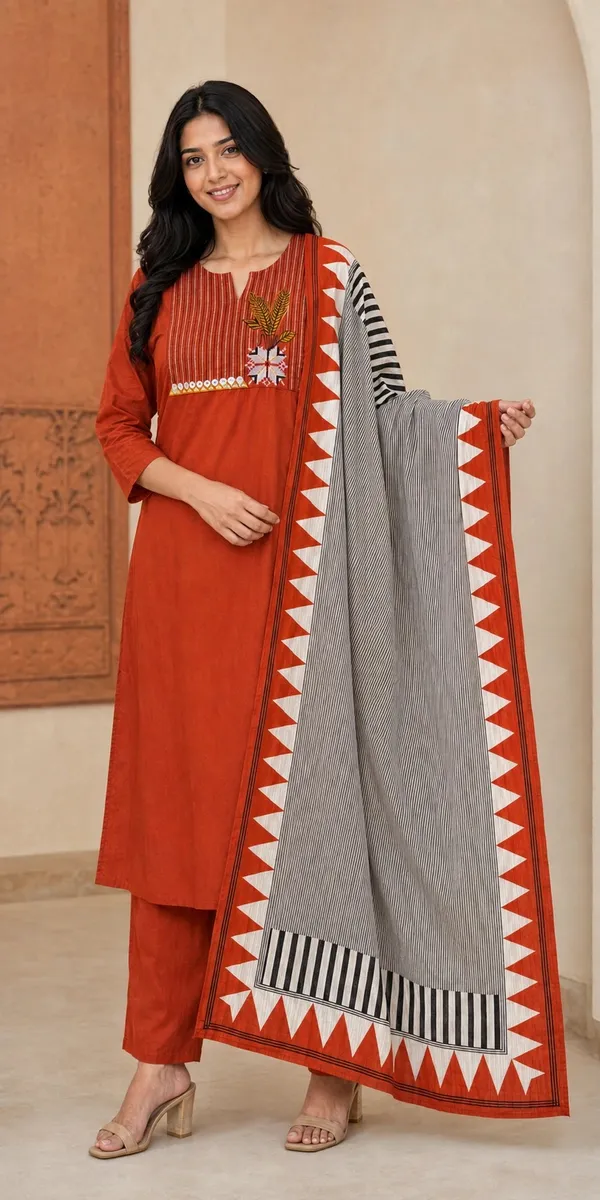 Orange_Cotton_Straight_Embroidered_Kurti_Set_For_Women