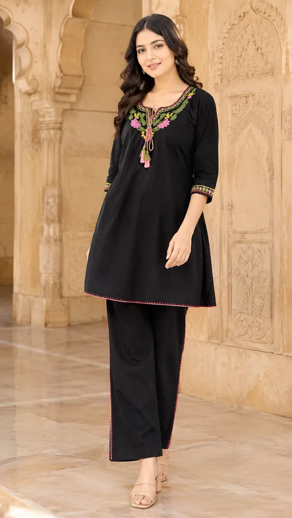 Black_Cotton_Straight_Embroidered_Kurta_Co-Ord_Set_For_Women
