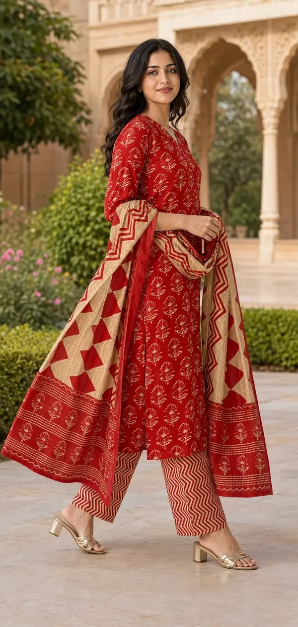 Red_Cotton_Straight_Floral_Print_Kurti_Set_For_Women