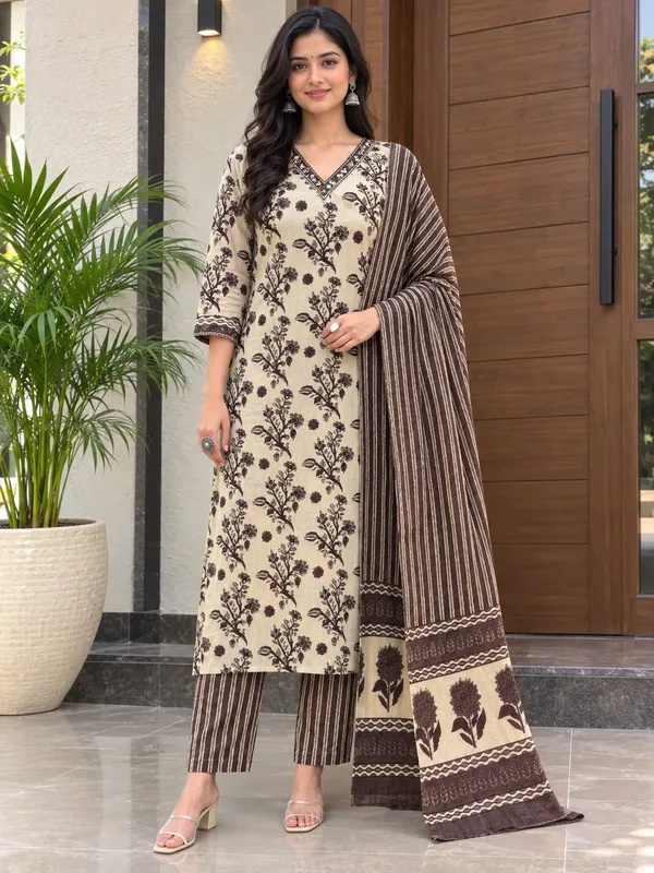 Off_White_&_Brown_Cotton_Straight_Botanical_Print_Kurti_Set_For_Women