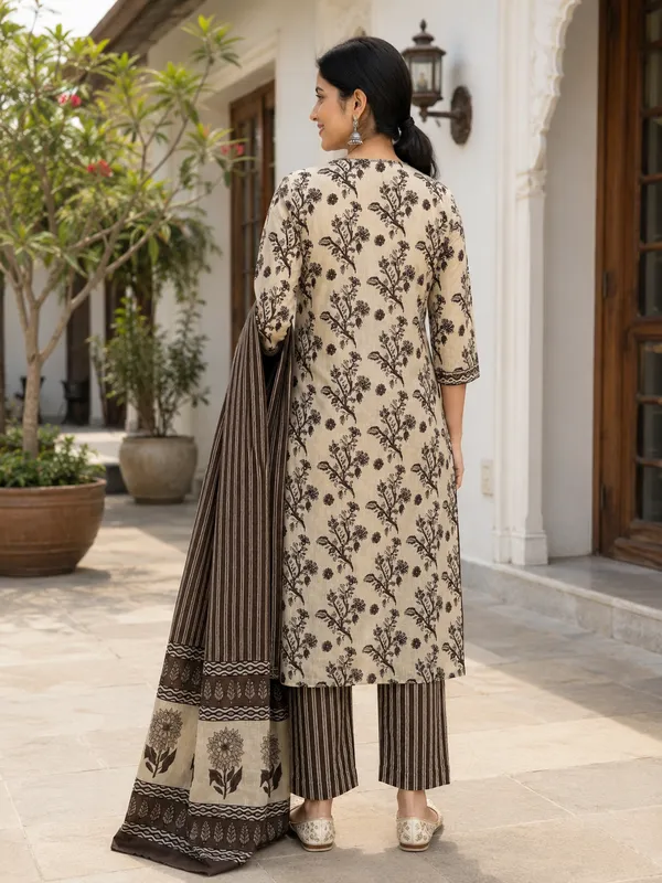 Off_White_&_Brown_Cotton_Straight_Botanical_Print_Kurti_Set_For_Women