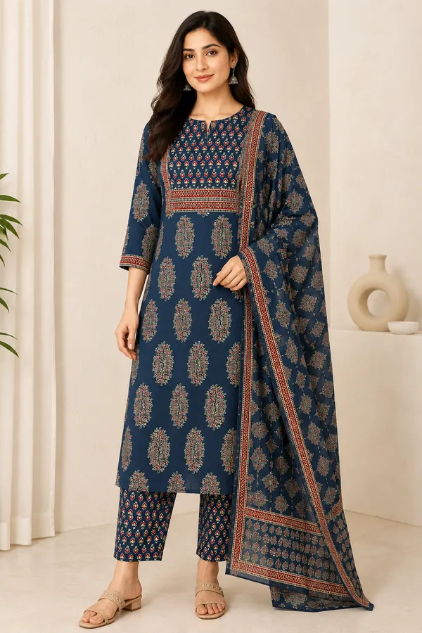 Blue_Cotton_Straight_Floral_Motif_Kurti_Set_For_Women