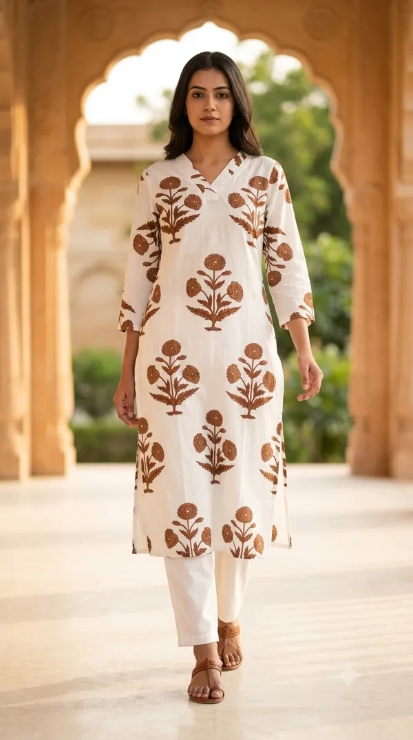 White_&_Brown_Cotton_Straight_Floral_Print_Co-Ord_Set_For_Women