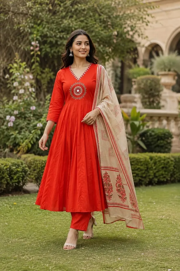 Red_Cotton_Flared_Anarkali_Kurti_Set_For_Women