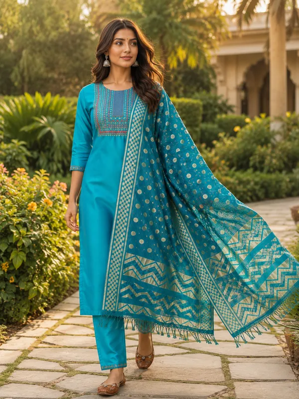 Blue_Silk_Straight_Embroidered_Kurta_Set_For_Women
