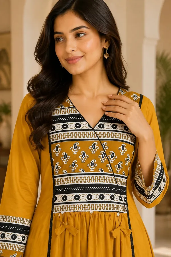 Mustard_Cotton_Printed_Anarkali_Kurti_Set_For_Women