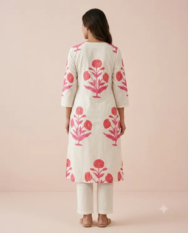 White_&_Pink_Cotton_Floral_Print_Straight_Kurta_Co-Ord_Set_For_Women