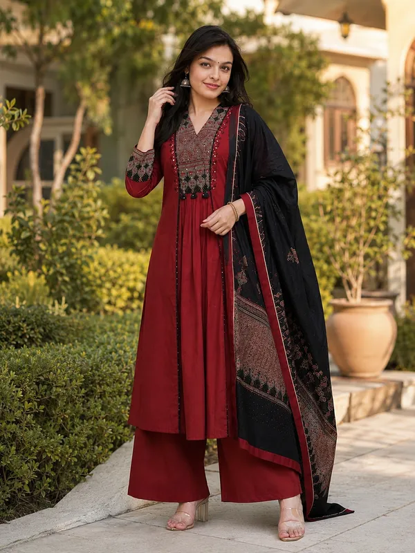 Maroon_Cotton_Printed_Flared_Kurta_Palazzo_Set_For_Women