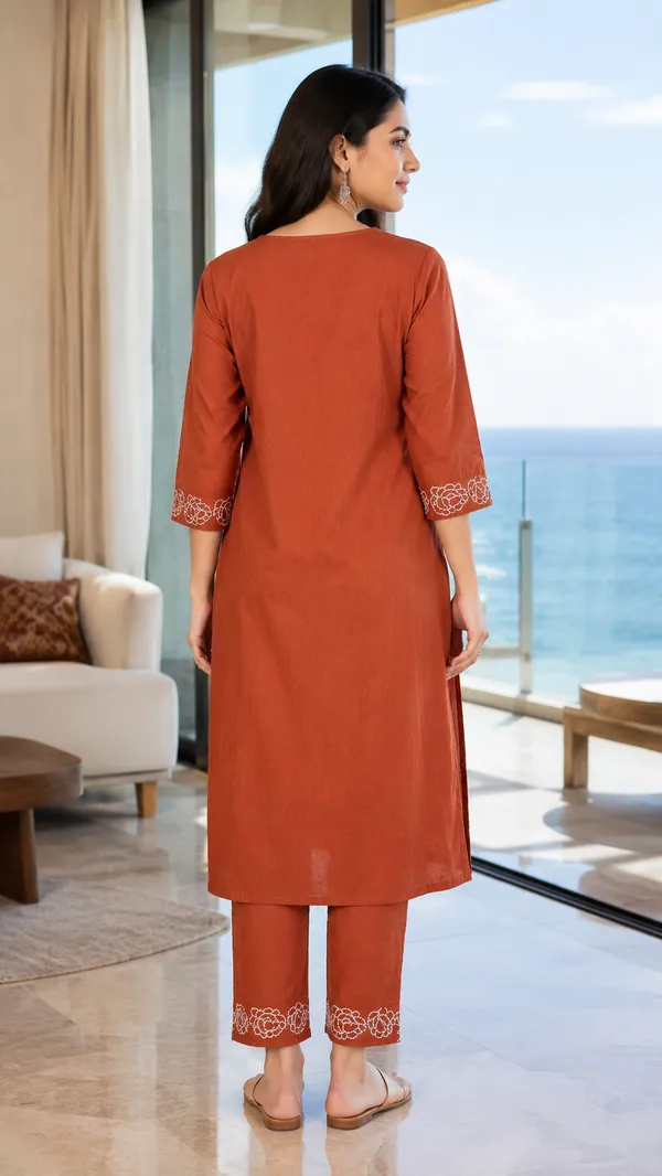 Rust_Cotton_Straight_Embroidered_Kurta_Co-Ord_Set_For_Women