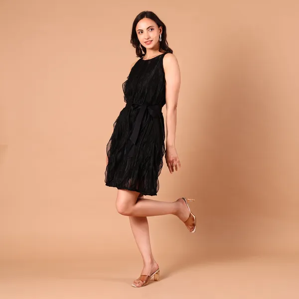 Black_Sheer_Wave-Textured_Belted_Dress