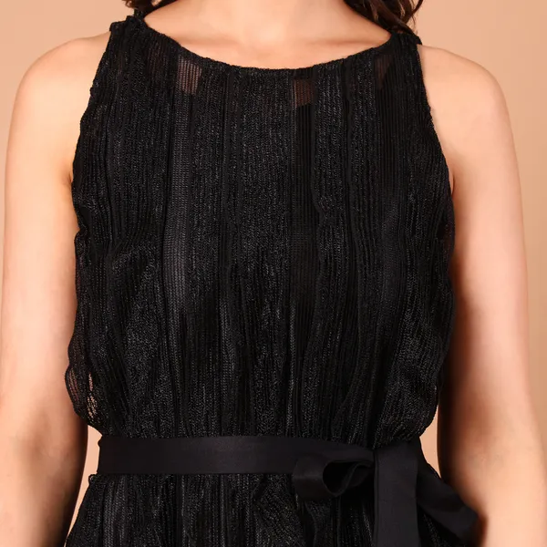 Black_Sheer_Wave-Textured_Belted_Dress