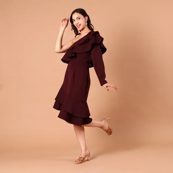 Burgundy_One-Shoulder_Ruffle_Dress