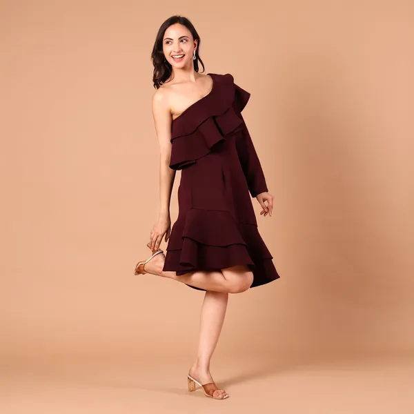 Burgundy_One-Shoulder_Ruffle_Dress