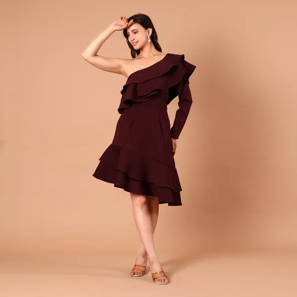 Burgundy_One-Shoulder_Ruffle_Dress