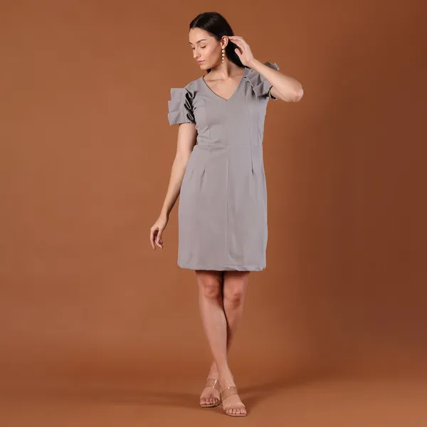 Grey_V-Neck_Ruffle_Cap-Sleeve_Mini_Dress