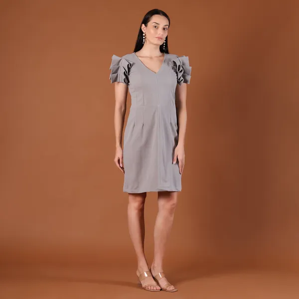 Grey_V-Neck_Ruffle_Cap-Sleeve_Mini_Dress