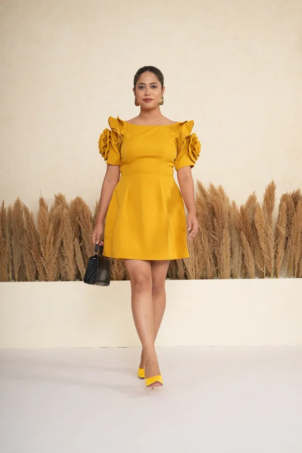 Marigold_Mustard_Rosette_Sleeve_Mini_Dress