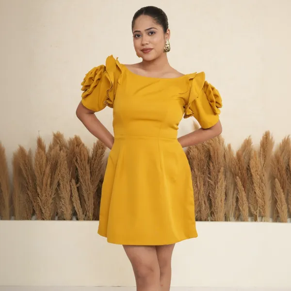 Marigold_Mustard_Rosette_Sleeve_Mini_Dress