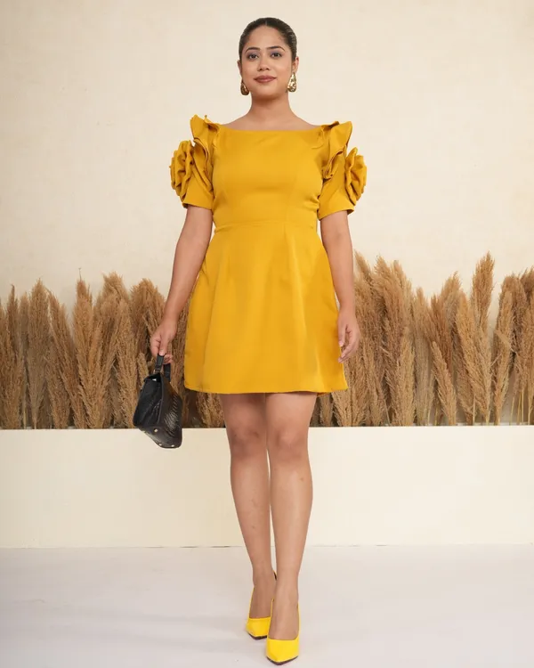 Marigold_Mustard_Rosette_Sleeve_Mini_Dress