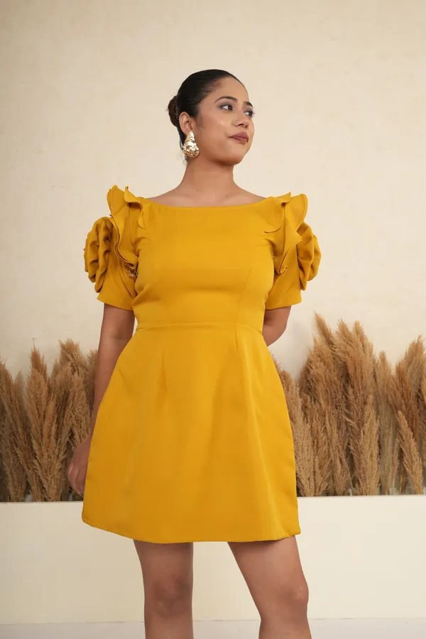 Marigold_Mustard_Rosette_Sleeve_Mini_Dress