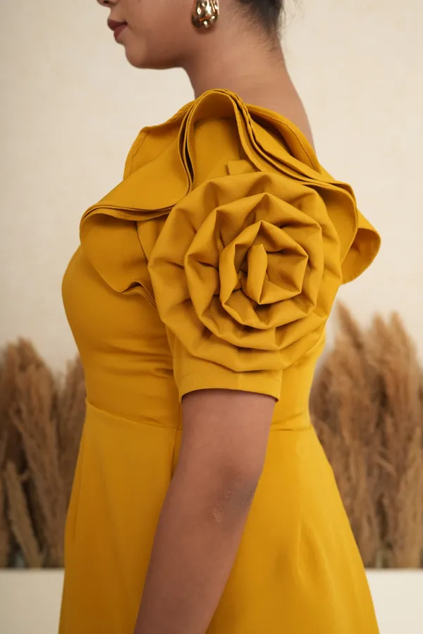 Marigold_Mustard_Rosette_Sleeve_Mini_Dress