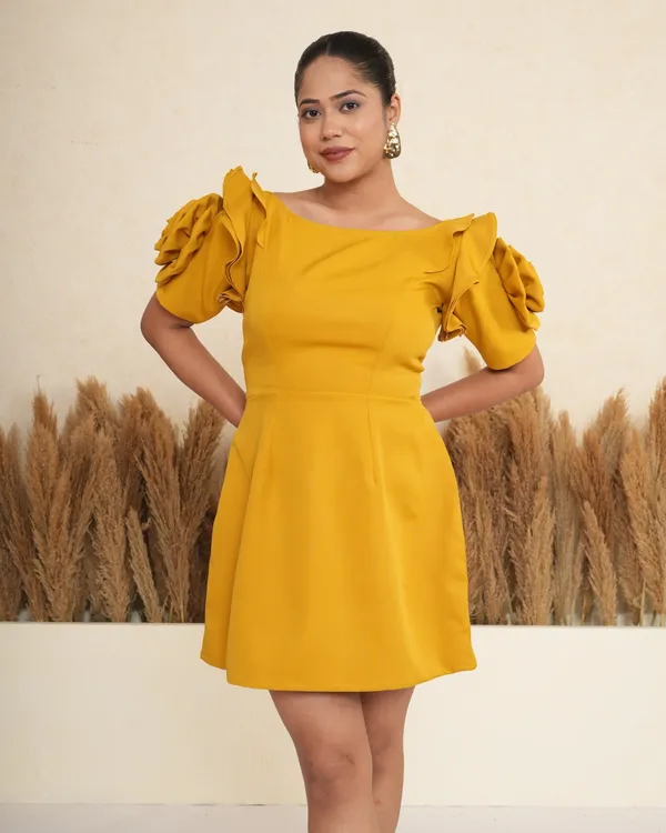 Marigold_Mustard_Rosette_Sleeve_Mini_Dress