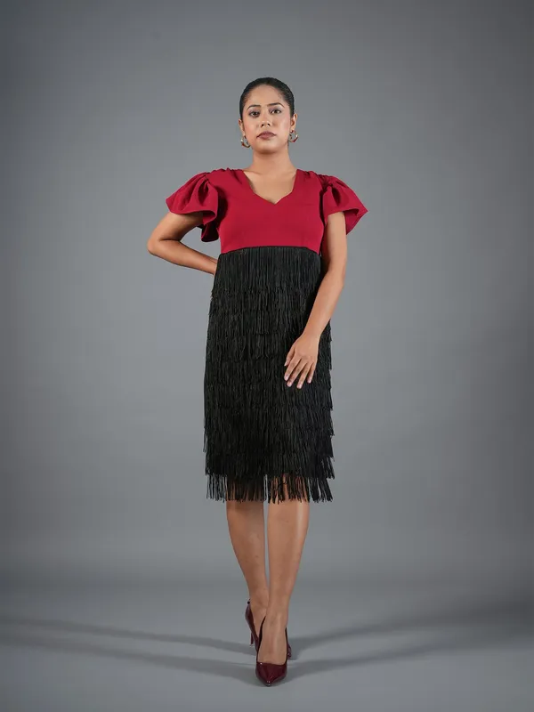 Crimson_V-Neck_Ruffle-Sleeve_Fringe_Midi_Dress