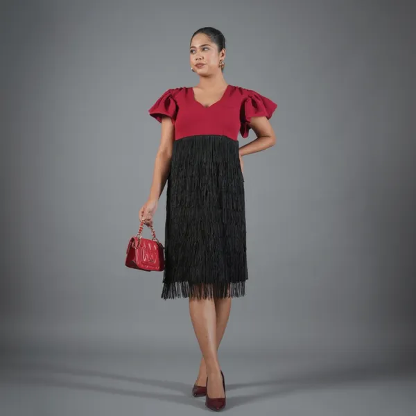 Crimson_V-Neck_Ruffle-Sleeve_Fringe_Midi_Dress