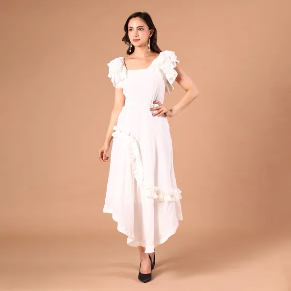 White_Ruffled_Asymmetric_Hem_Dress