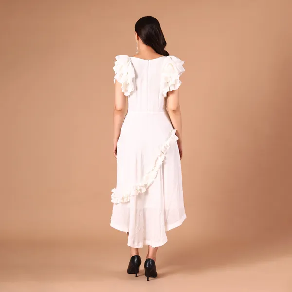 White_Ruffled_Asymmetric_Hem_Dress