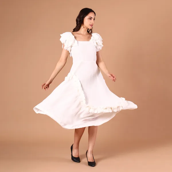White_Ruffled_Asymmetric_Hem_Dress