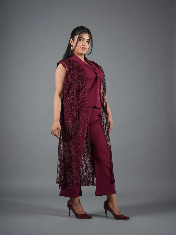 mehroon_Embellished_Cape_Pant_Coord_Set_With_Shrug