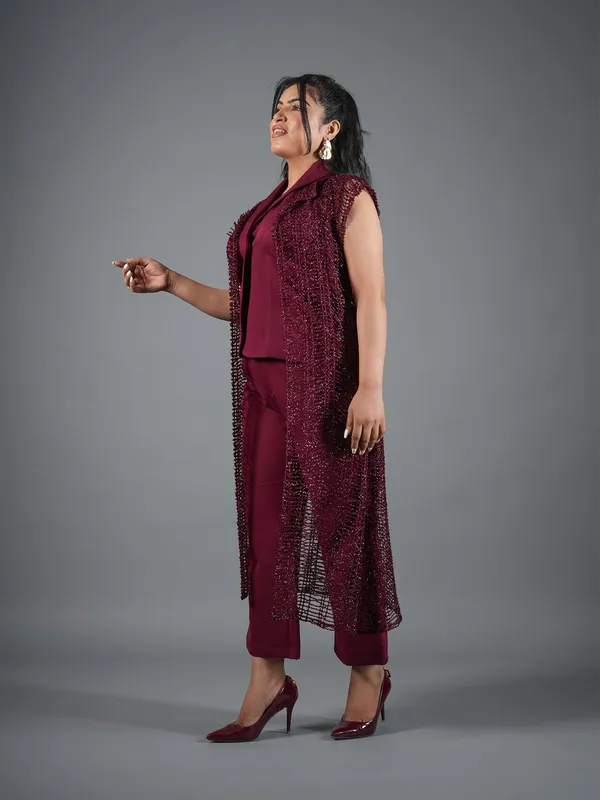 mehroon_Embellished_Cape_Pant_Coord_Set_With_Shrug
