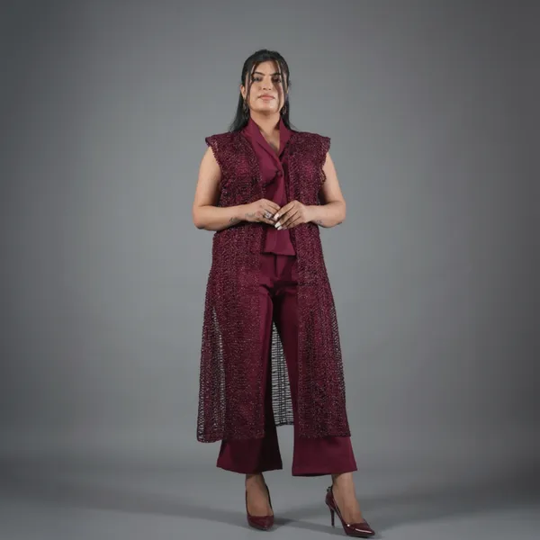 mehroon_Embellished_Cape_Pant_Coord_Set_With_Shrug