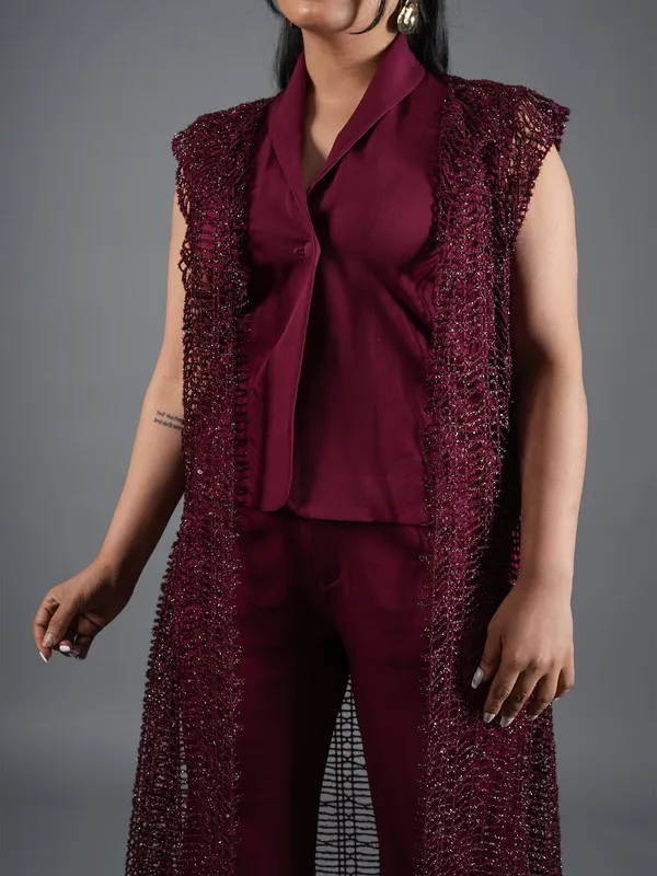 mehroon_Embellished_Cape_Pant_Coord_Set_With_Shrug