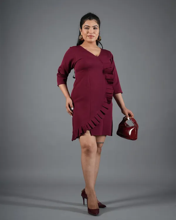 mehroon_Ruffle_Wrap_Mini_Dress
