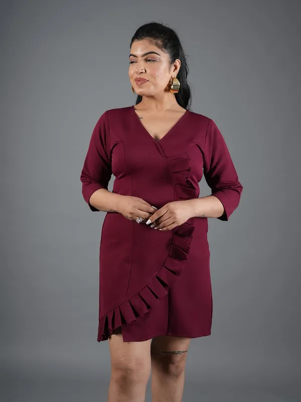 mehroon_Ruffle_Wrap_Mini_Dress