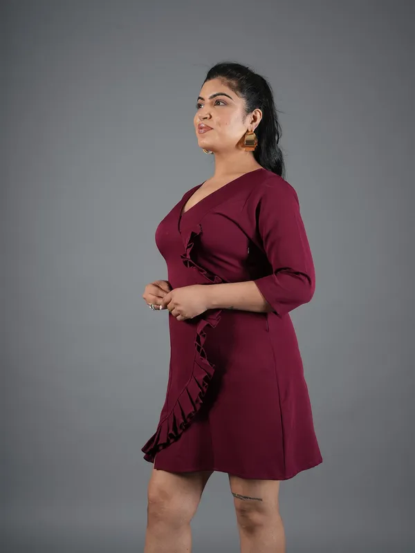 mehroon_Ruffle_Wrap_Mini_Dress