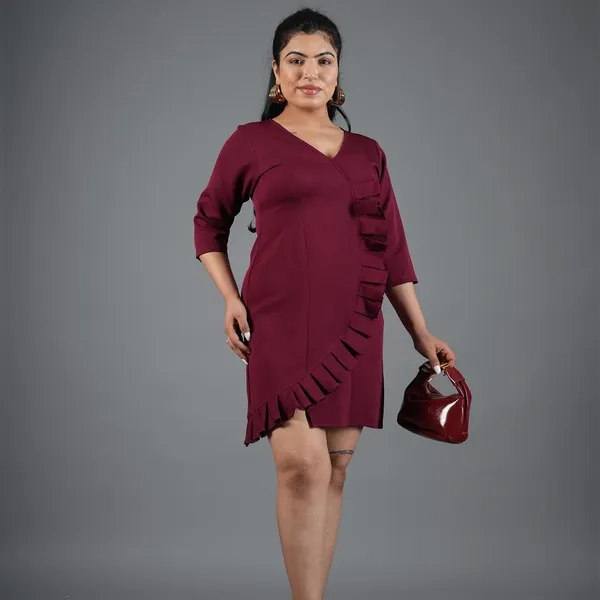 mehroon_Ruffle_Wrap_Mini_Dress