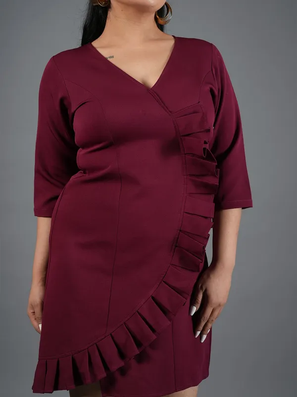 mehroon_Ruffle_Wrap_Mini_Dress