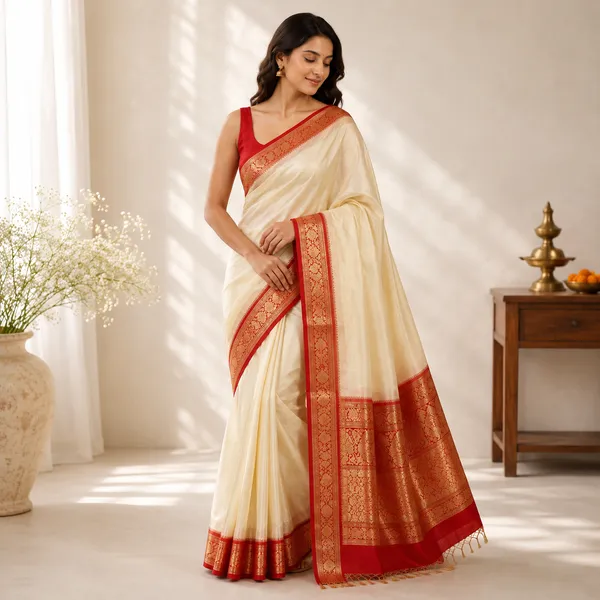 Cream_Silk_Woven_Red_Gold_Border_Saree_For_Women