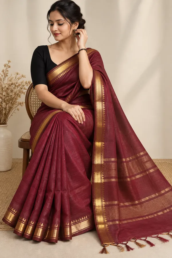 Maroon_Textured_Saree_With_Zari_Border_For_Women