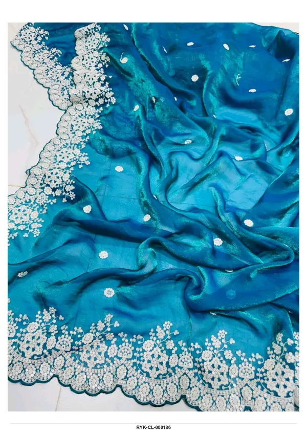 Teal_Floral_Lace_Border_Unstitched_Saree_For_Women