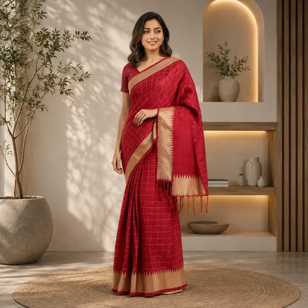 Red_Silk_Checked_Gold_Border_Saree_For_Women