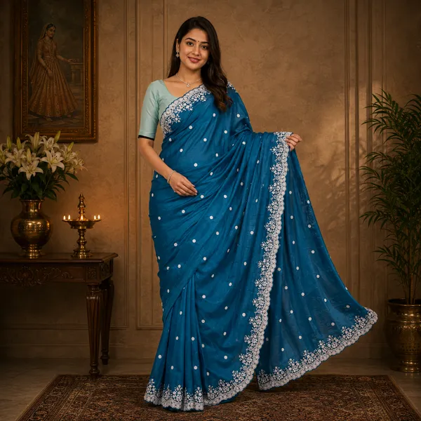Blue_Silk_Floral_Lace_Border_Saree_For_Women