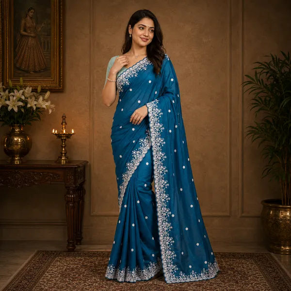 Blue_Silk_Floral_Lace_Border_Saree_For_Women